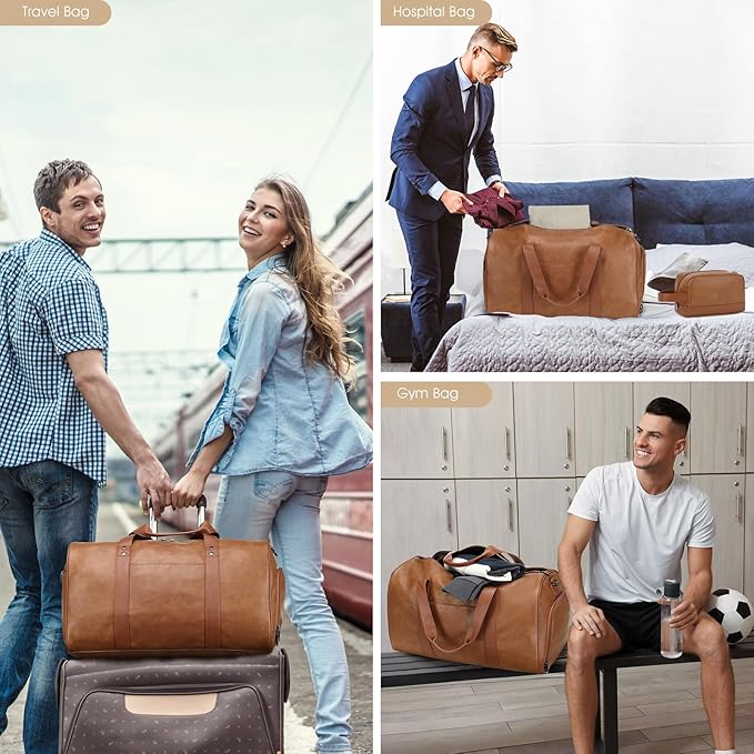 Wogarl 3PCS Faux Leather Weekender Bag for Women Men Large Overnight Bags Travel Duffel with Shoe Compartment Toiletry Packing Cube Carry On Tote Fit 21" Laptop(Light Brown)