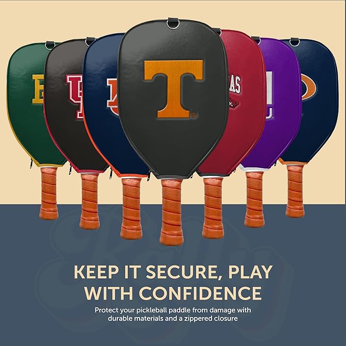 Officially Licensed Collegiate Pickleball Paddle Cover - Lightweight PU Leather Material - Durable Foam Interior Protection with Zippered Closure - Fits Most Paddles on the Market