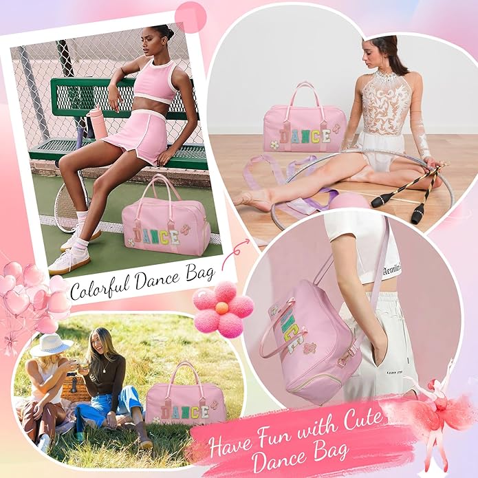 Dance Bag for Girls 2PCS Ballet Cheer Bag with Shoes Compartment Chenille Letter Embroidery for Dancer Travel Overnight bag