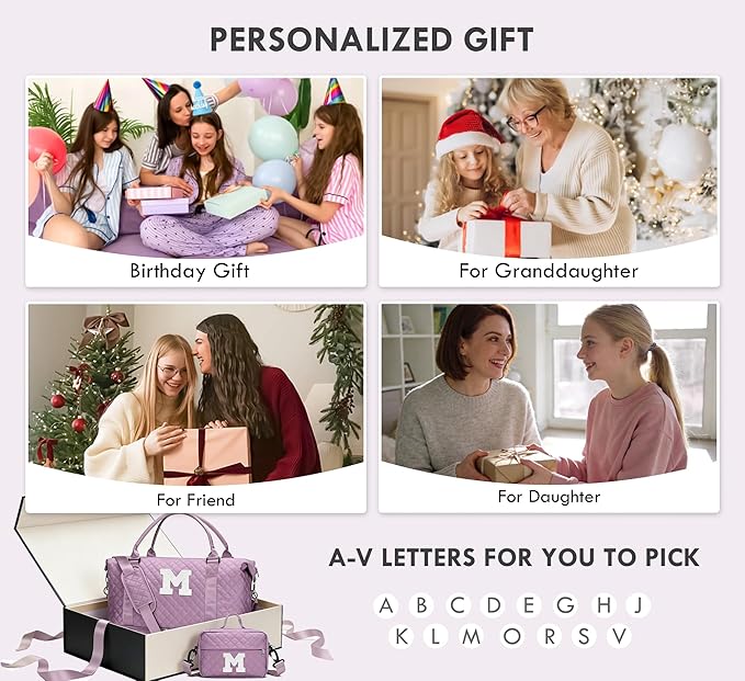 WOOMADA Initial Duffle Bag with Shoe Compartment,Personalized Weekender Bag, Overnight Bag for Women Girls, Gym Bag with Toiletry Bag