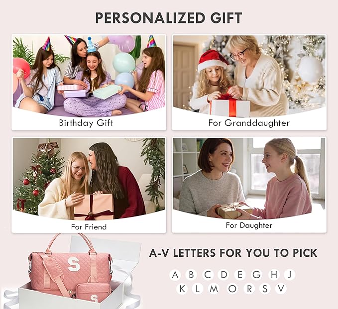 WOOMADA Initial Duffle Bag with Shoe Compartment,Personalized Weekender Bag, Overnight Bag for Women Girls, Gym Bag with Toiletry Bag