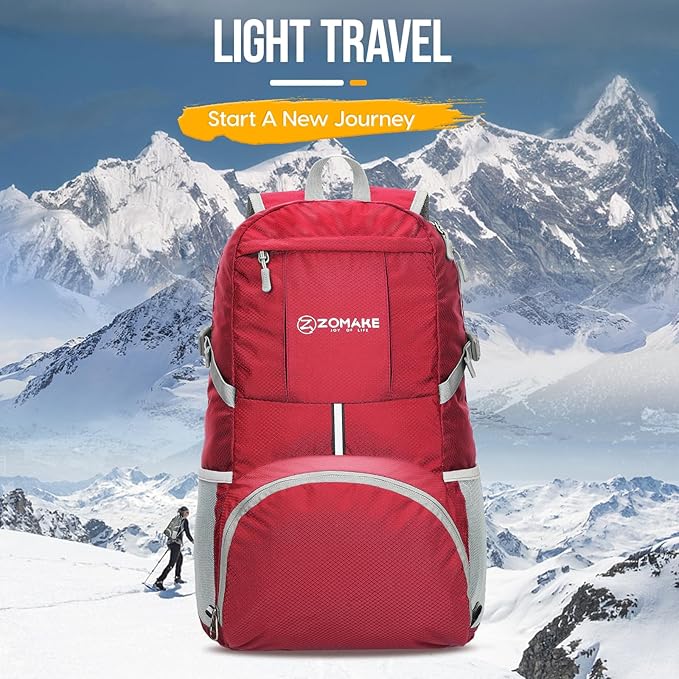 ZOMAKE Lightweight Packable Backpack 35L, Light Foldable Backpacks Water Resistant Collapsible Hiking Bag, Compact Folding Day Pack for Travel Camping(Red)