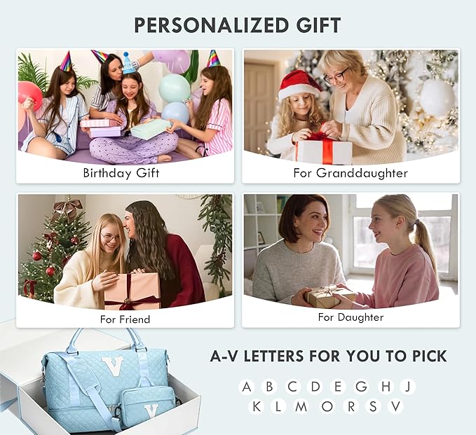 WOOMADA Initial Duffle Bag with Shoe Compartment,Personalized Weekender Bag, Overnight Bag for Women Girls, Gym Bag with Toiletry Bag