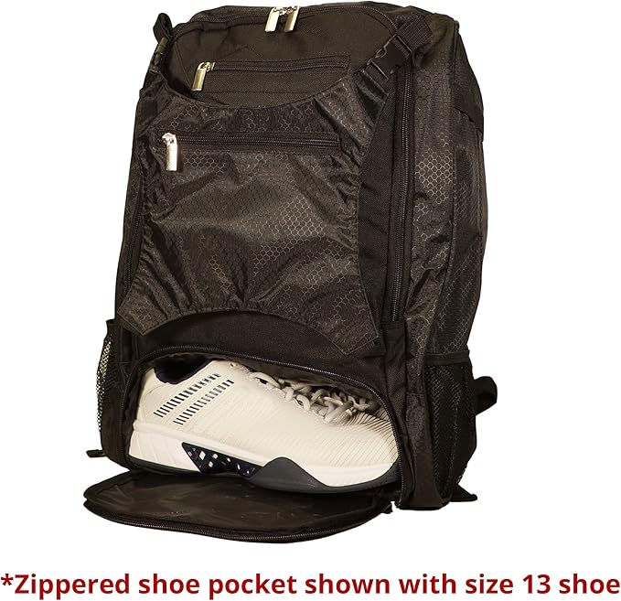 Baseball Backpack with Cleat/Shoe Pocket | Large Capacity | 19.5" T x 14" W x 7.5" D | Holds 4 Bats | External Helmet Storage | 3 Extra Zipper Pockets for Sunglasses, Seeds, Cell Phone (Black/Black)
