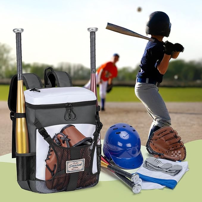 Youth Baseball Bag for T Ball, Rec and Travel Ball, Softball Bag with Helmet Holder and Fence Hook