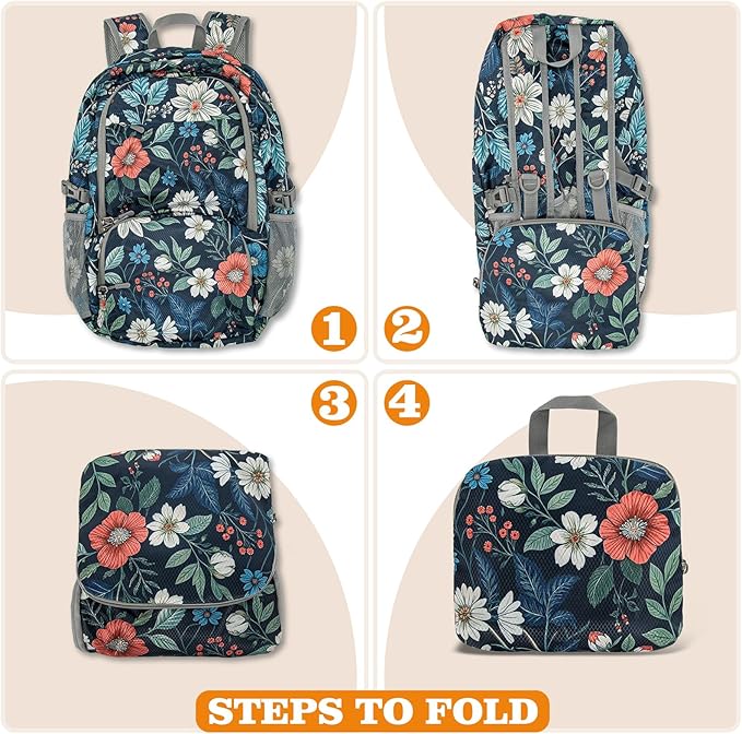 ZOMAKE Lightweight Packable Backpack 30L, Foldable Hiking Backpacks Water Resistant Compact Folding Daypack for Travel(Navy blue,Floral pattern)