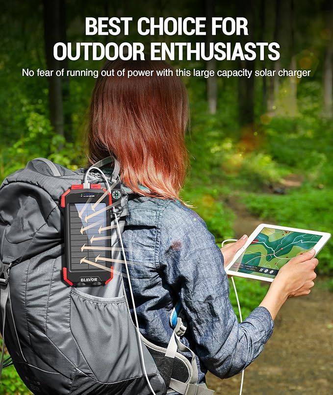 BLAVOR Solar Power Bank 10,000mAh, Portable Wireless Charger, 20W Fast Charging External Battery Pack with USB C for Cell Phones, Solar Panel Charging with Dual Flashlight for Camping