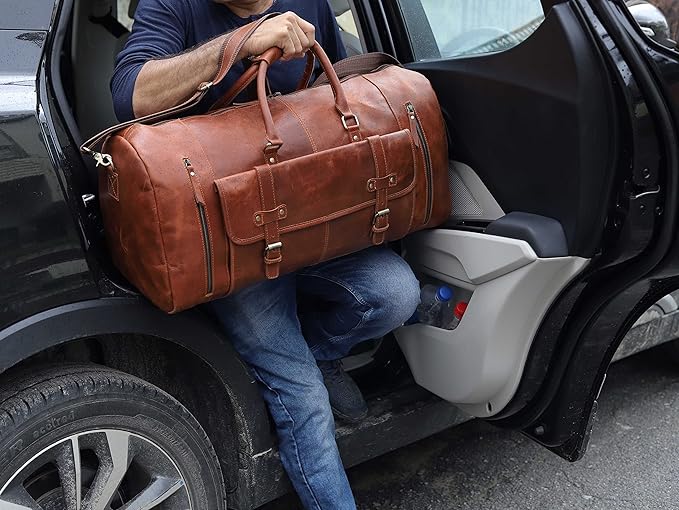 20 Inch Leather Duffle Bag Handmade Rustic Overnight Weekend Bag for Men, Gym Sports Travel Tote Bag Luggage Carry On Flight Cabin Duffel Bag with Shoe Compartment for Men & Women