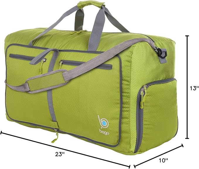 Bago Foldable Duffel Bags for Traveling Women & Men - 60L Medium Packable Duffle Bag for Travel with Shoe Compartment - Water Repellant, Heavy Duty, Lightweight Folding & Collapsible (Green)