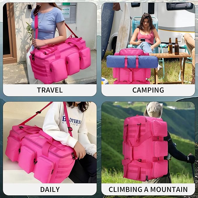 3 In 1 Military Duffel Bag 50L Gym Bag for Men Convertible Weekender Backpack for Sports Travel Basketball (50L-Rose)