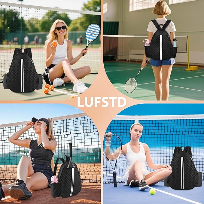 Tennis Racket Bag, Tennis Bags for Women, Quilted Sling Crossbody Backpack with Hook, Water Resistant Tennis Racket Cover for Pickleball, Racketball
