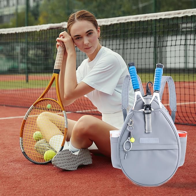 Tennis Backpack with 2 Rackets Holder, Water-Resistant PU Leather Tennis Racket Bag for Women & Men, Sling Crossbody Sports Backpack for Tennis, Pickleball & Badminton, Tennis Gifts