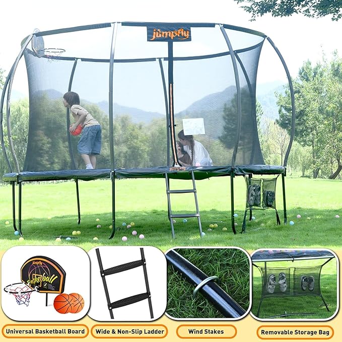 jumpfly Tranpoline 8/10/12/14/15/16FT Tranpoline Outdoor for Kids and Adults Recreational Tranpolines with Basketball Hoop, Anti-Rust Ladder, ASTM Approved