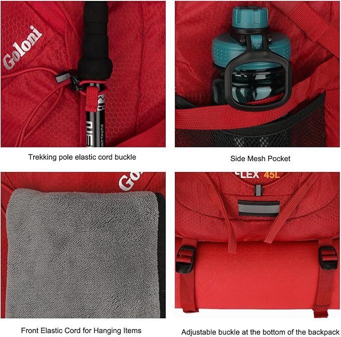 45L Hiking Backpack with Rain Cover, Lightweight Foldable Camping Backpack for Trekking, Water-Resistant Daypack with Hiking Pole & Mat Carrying System,Red