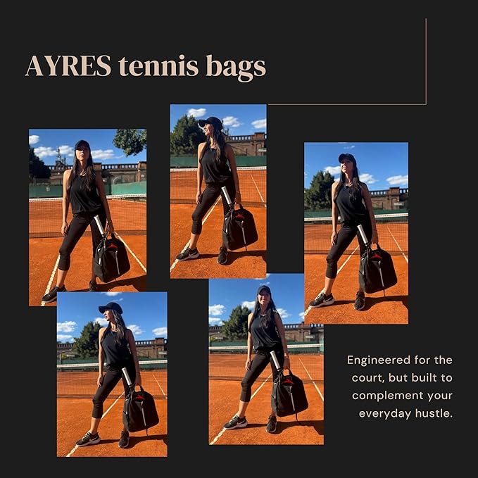 AYRES Tennis Backpack - Spacious Womens Tennis, Padel & Pickleball Bag | Quick-Access Racket Compartment (Fits 2) | Designer Tennis Bag, Water-Resistant & Easy To Clean, Makeup Pouch Included