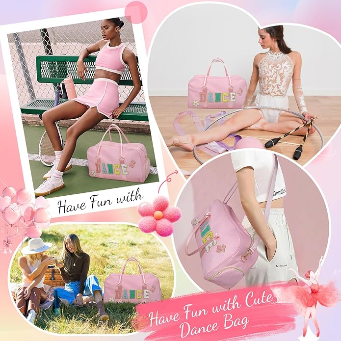 Dance Bag for Girls 2PCS Ballet Cheer Bag with Shoes Compartment Chenille Letter Embroidery for Dancer Travel Overnight bag