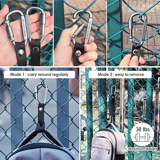 Bag Hook for Fence, Aluminum Alloy Carabiner Strap for Hanging Baseball Softball Pickleball Tennis Bags (Gray 2)