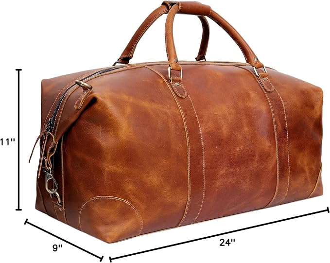 24 Inch Genuine Buffalo Leather Travel Duffle Bag, Overnight Weekend Leather Bag Sports Gym Duffel for Men, Airplane Under Seat Carry on Bags (Tan)
