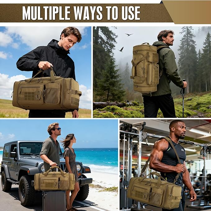 3 in 1 Tactical Gym Bag Backpack for Men 50-55L Expandable Travel Duffle Bag for Women Military Sport Duffel Bags Weekend Overnight with Shoe Compartment & Wet Pocket for Fitness, Brown