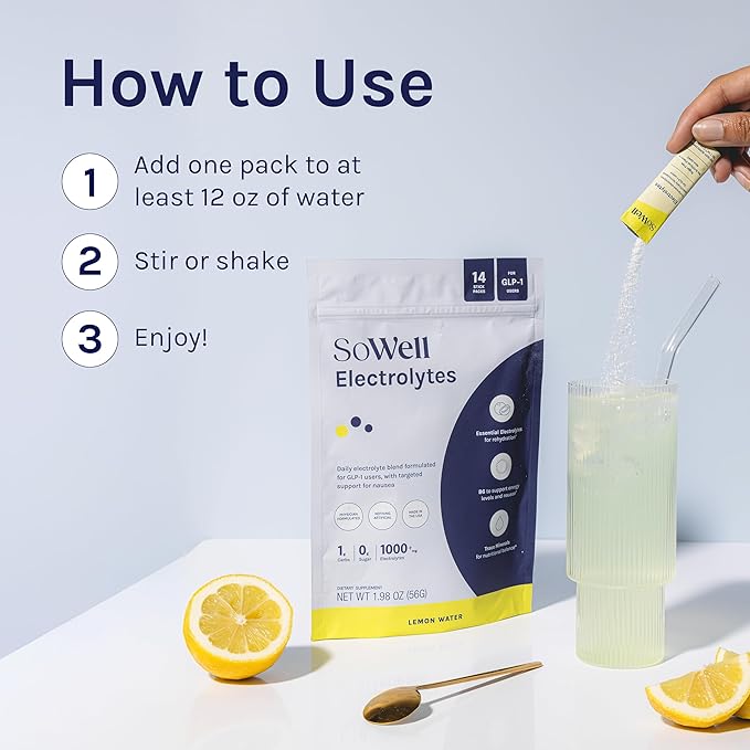 SoWell GLP-1 Electrolytes Lemon Water Drink Mix, Hydration Support Powder with Coconut Water, Trace Minerals and B6 Vitamins, Sugar-Free, 14 Stick Packs