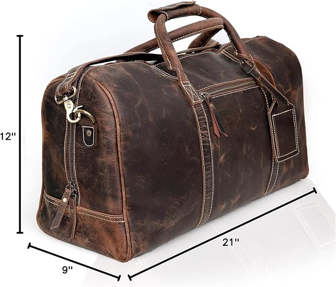 21 Inch Genuine Buffalo Leather Travel Duffle Bag | Overnight Weekend Leather Bag | Sports Gym Duffel for Men| Airplane Under Seat Carry on Bags (brown)