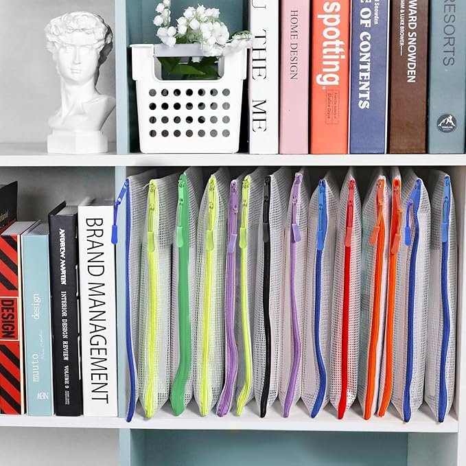 18 Pack A4 Mesh zipper pouch bags, Mesh Bags with Label Pocket,Zipper Pouches of office supplies, File Bags for Classroom Organization,Puzzles, Board Game Storage