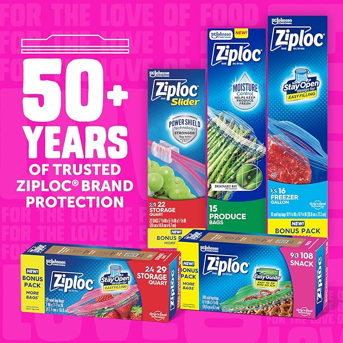 Ziploc Gallon Food Storage Bags, Stand-Up Bottom, Easy to Fill, 96 Count (Packaging May Vary)