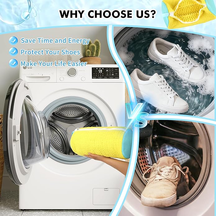 (2-Pack) Shoe Washing Machine Bag with 4 Shoe Trees, Sneaker Laundry Bags for Washer & Dryer, 360° Protective Mesh Shoe Cleaning Bag with Self-Locking Zipper and Safely Wash Shoes in Washing Machine.