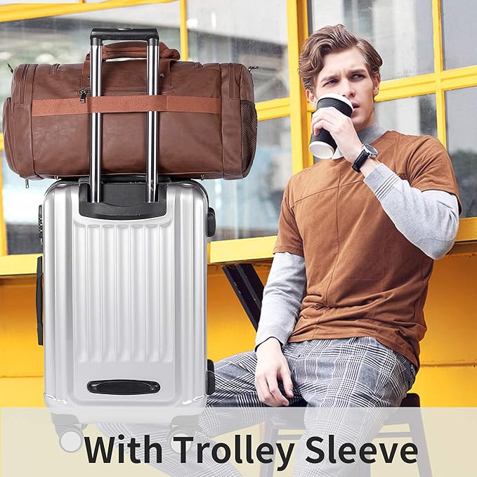Leather Travel Bag with Shoe Pouch,Weekender Overnight Bag Waterproof Leather Large Carry On Bag Travel Tote Duffel Bag for Men or Women-Brown