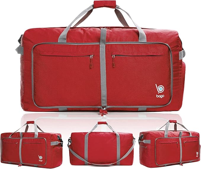 Bago Big XXL Foldable Duffel Bags for Traveling Women & Men - 140L Packable Duffle Bag for Travel with Shoe Compartment - Water Repellant, Heavy Duty, Lightweight Folding & Collapsible (Red)