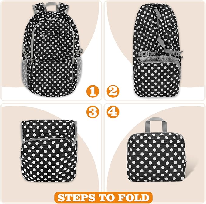 ZOMAKE Lightweight Packable Backpack 30L, Foldable Hiking Backpacks Water Resistant Compact Folding Daypack for Travel(Black,White polka dots)