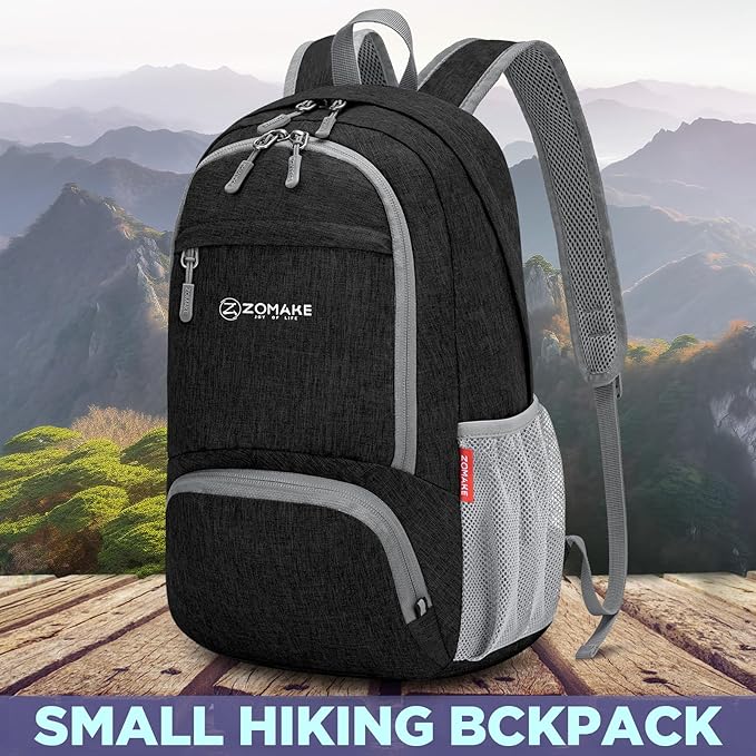 ZOMAKE Ultra Lightweight Packable Backpack 20L,Small Foldable Backpacks Hiking Water Resistant Collapsible Daypack for Women Men(Black-C2)