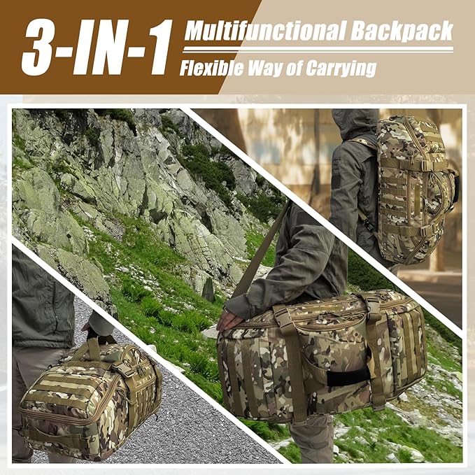 65L Large Travel Duffle Bag Military Tactical Backpack, Army Assault Pack 3 Day Bug Out Rucksack for Outdoor Sports Hiking Camping with Molle System, CP Camo