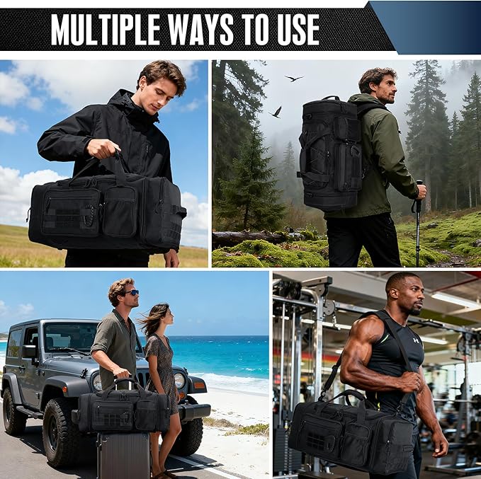 3 in 1 Tactical Gym Bag Backpack for Men 50-55L Expandable Travel Duffle Bag for Women Military Sport Duffel Bags Weekend Overnight with Shoe Compartment & Wet Pocket for Fitness, Black