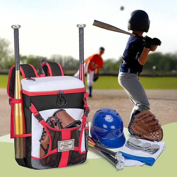 Youth Baseball Bag for T Ball, Rec and Travel Ball, Softball Bag with Helmet Holder and Fence Hook