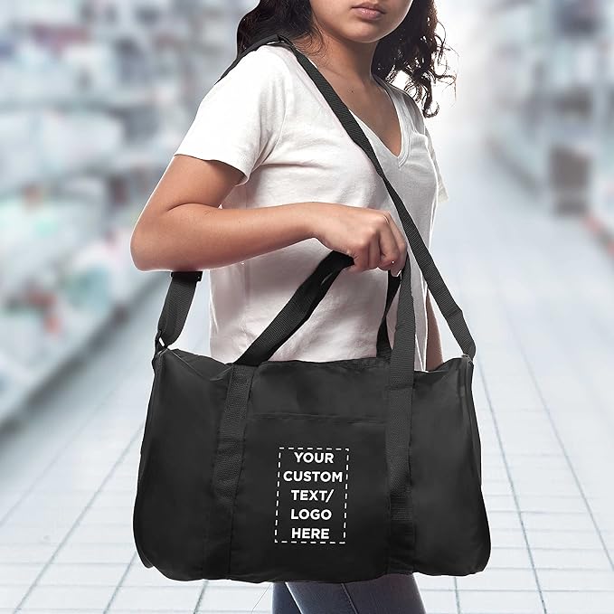 6 Sporty Duffle Bags Set - Customizable Text, Logo - Polyester, Adjustable Strap, Front Pocket, Roll Styling - Black