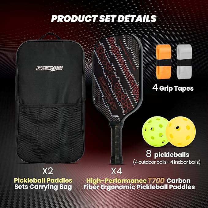 Pickleball Paddles Set,T700 Carbon Fiber Light Weight 16MM Pickleball Rackets with Balls and Grip Tapes Bag for Beginner to Advanced Elite Series
