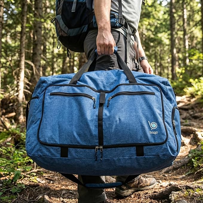 Bago Large Foldable Duffel Bags for Traveling Women & Men - 80L Packable Duffle Bag for Travel with Shoe Compartment - Water Repellant, Heavy Duty, Lightweight Folding & Collapsible (SnowBlue)