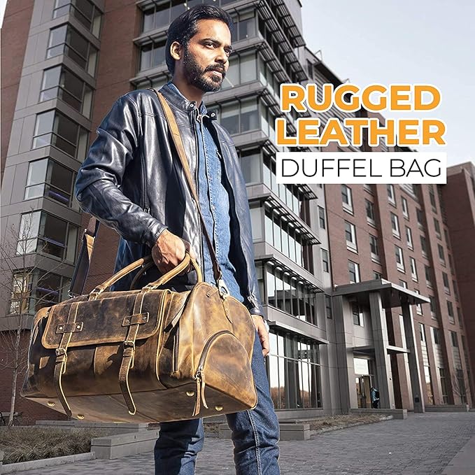 KomalC 24 Inch Leather Duffel Bags for Men and Women Full Grain Leather Travel Overnight Weekend Bags Sports Gym Duffle for Men (Brown Tan with shoe pocket)