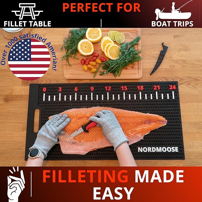 Fish Fillet Mat Kit with Fish Ruler Decal and Fillet Knife, Cutting Gloves. Large 28"x14" Nonslip Fish Cleaning Mat that Grips the Fish - Durable & Easy to Clean, Portable Fish Cutting Board