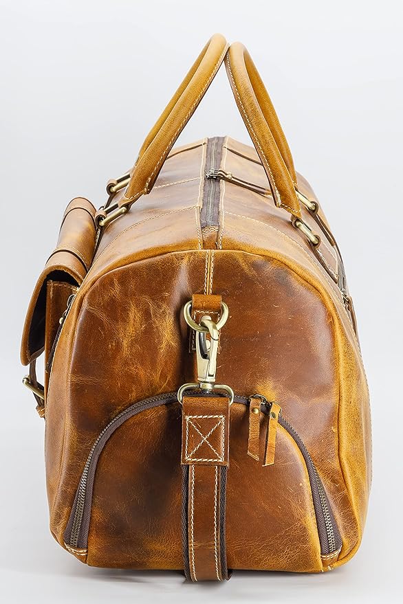 KomalC 24 Inch Leather Duffle Bags for Men and Women Travel Overnight Weekend Bag Sports Gym Duffel for Men (Tan with Shoe pocket)