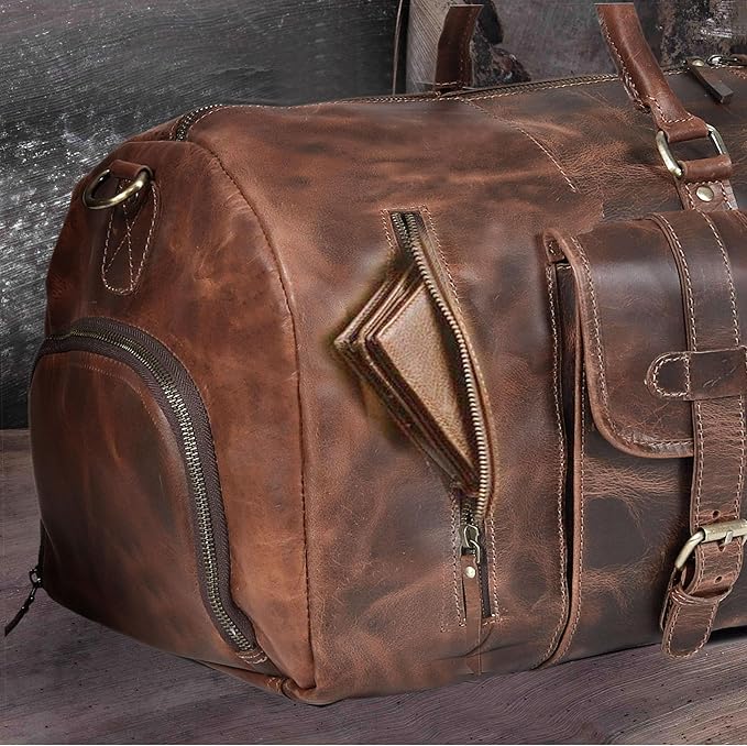 20 Inch Leather Duffel Bags for Men and Women Full Grain Leather Travel Overnight Weekend Bag Sports Gym Duffel for Men