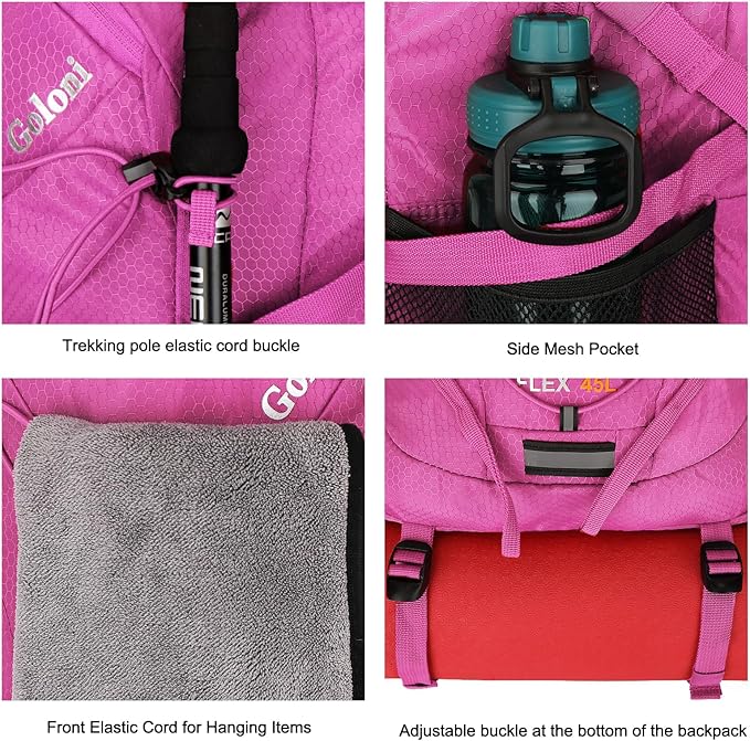 45L Hiking Backpack with Rain Cover, Lightweight Foldable Camping Backpack for Trekking, Water-Resistant Daypack with Hiking Pole & Mat Carrying System,Rose