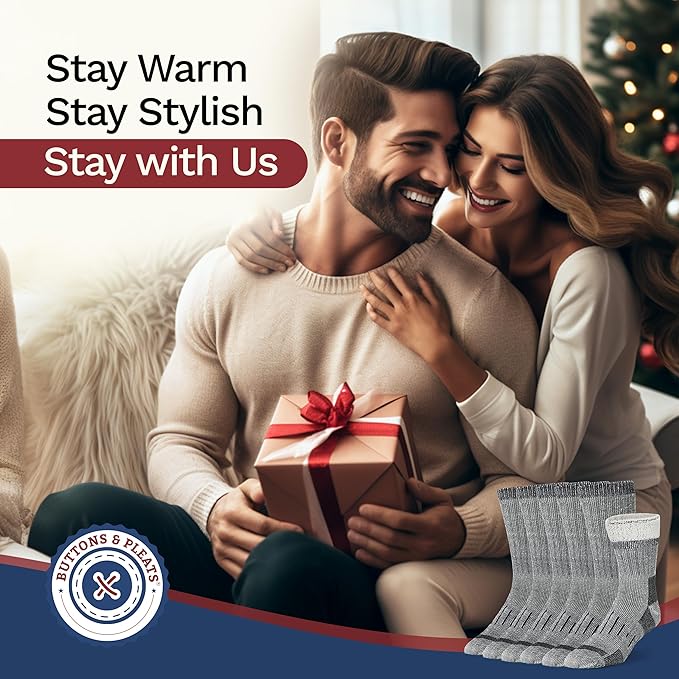 Buttons & Pleats Wool Socks for Men & Women Merino Thermal Warm Cozy Winter Boot Sock