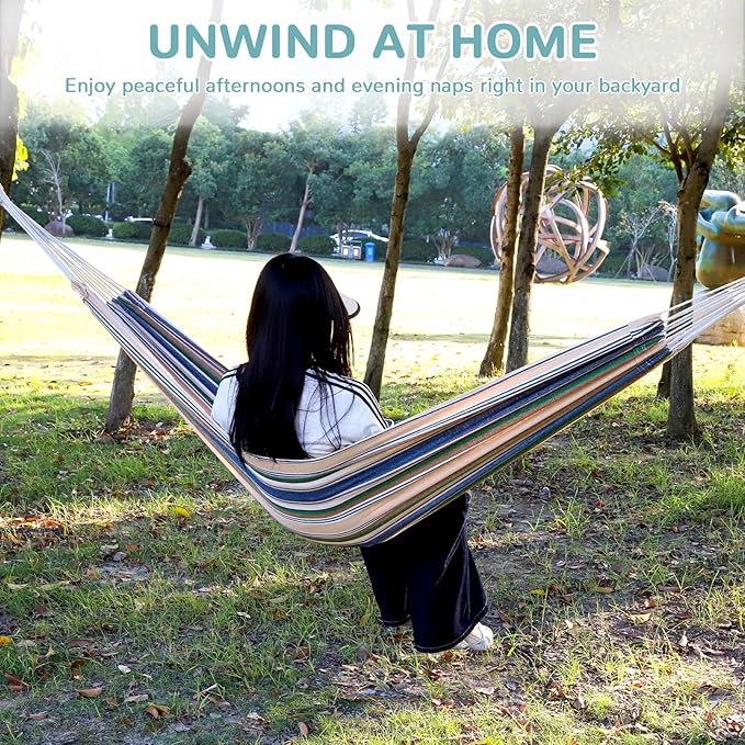 Portable Hammock, 500 lbs Capacity, Multi-Color Stripes, with Tree Straps and Carrying Bag, Suitable for Outdoor, Indoor, Hiking, Beach, Backpacking, Camping Essential Equipment