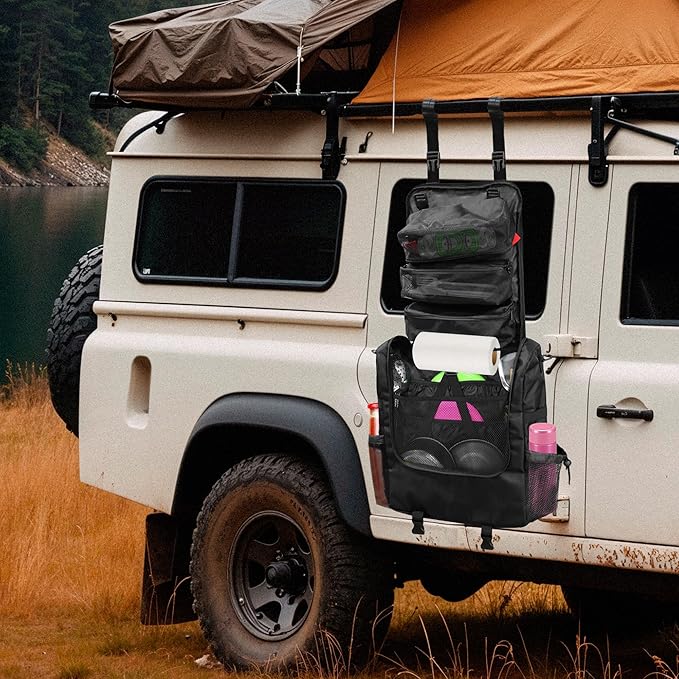 Hanging Camping Kitchen Organizer, Large Capacity Portable Storage Bag with Multi-Pockets, Water-Resistant Oxford Fabric for Outdoor Cooking, BBQ, Car Travel (Black)