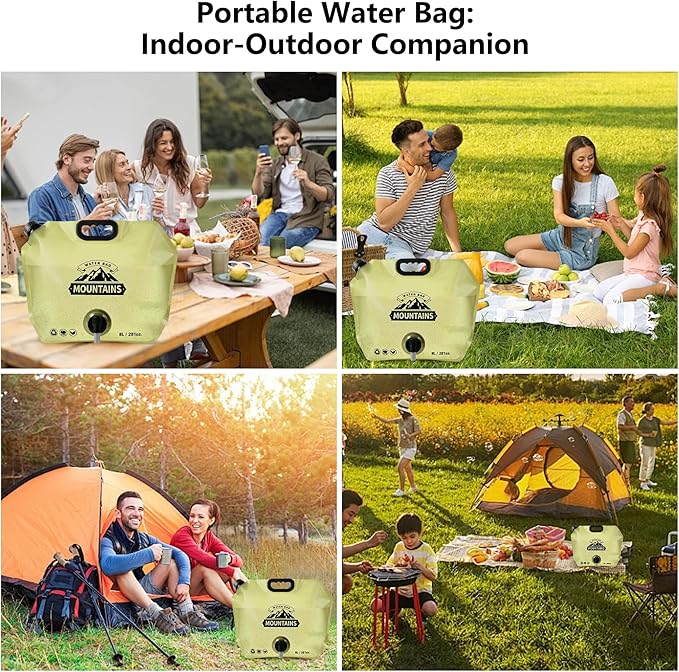 Collapsible 8L Water Storage Bag, BPA-Free Portable Folding Water Jug with Adjustable Faucet, Leakproof Emergency Water Bag for Camping, Hiking, Riding, Outdoor Sport (Beige & Green, 4)