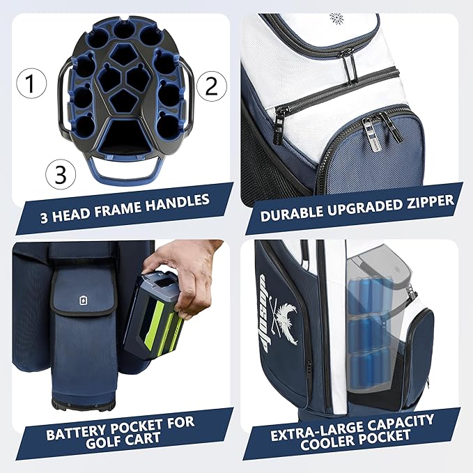 14 Way Full-Length Divider Top Men Golf Cart Bag, Fixed Slots Clubs Organized Premium Oxford Cloth Women 13 Pockets Black Blue Green Golf Bag with 3 Handles Cooler Rain Cover