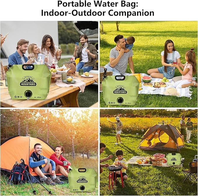 Collapsible 8L Water Storage Bag, BPA-Free Portable Folding Water Jug with Adjustable Faucet, Leakproof Emergency Water Bag for Camping, Hiking, Riding, Outdoor Sport (4, Green)