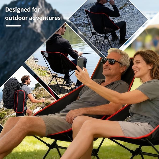 Lightweight Backpacking Folding Chair with Carry Bag,Stable and Sturdy Camping Chairs with Back Support, Fishing, Hiking and Beach Activities (Low backrest, Black and red, S)